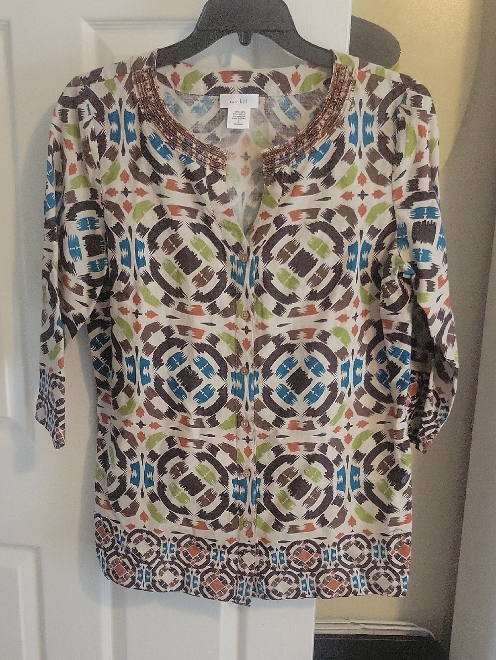 Kate Hill SzLg 100% Linen Multicolor Geometric Button-Front 3/4 sleeve Tunic